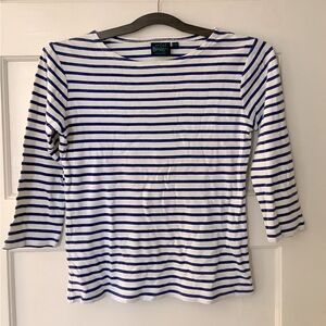 Mini Boden Girls Top Sz 13 14 Years Blue & White Stripe Cotton Boat Neck Shirt